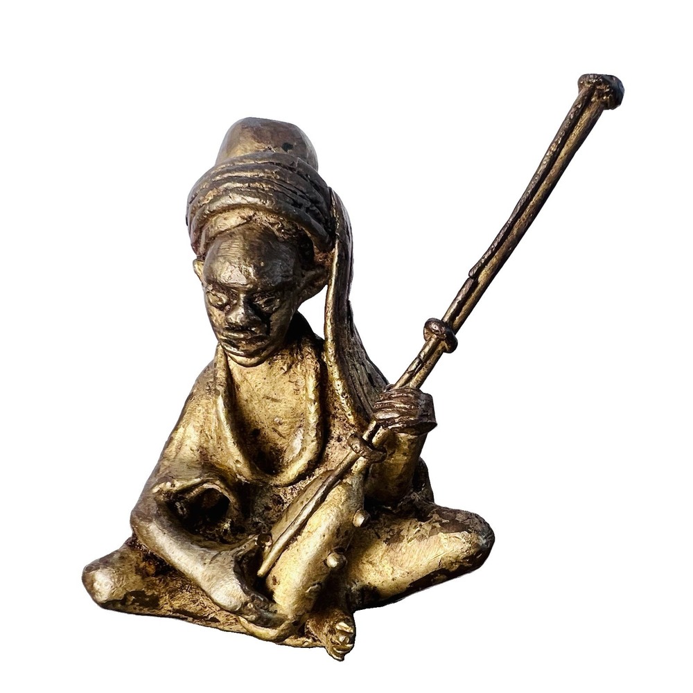 Vintage African Bronze Brass Kora Musician Figurine Lost Wax Sculpture France